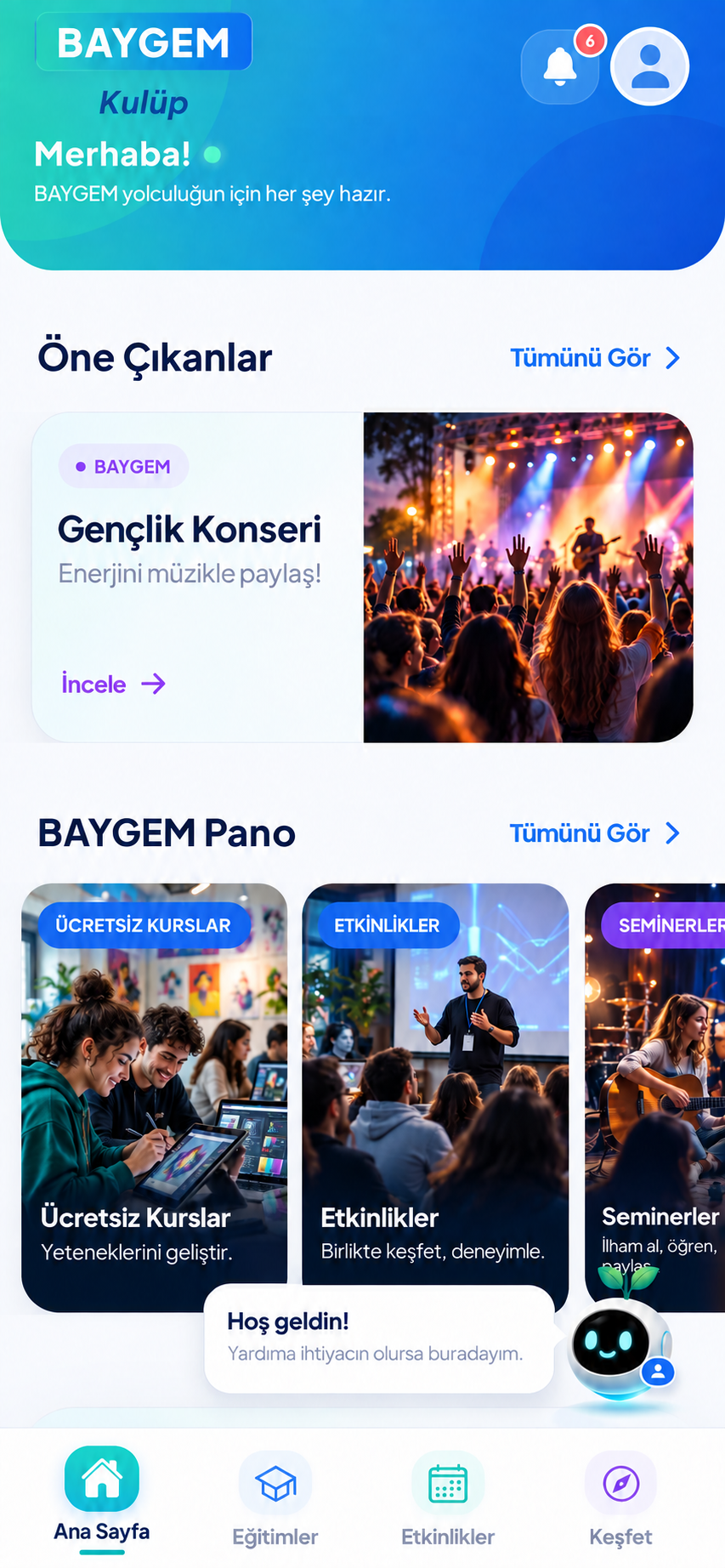 BAYGEM ana ekranında kurslar, etkinlikler ve seminerler